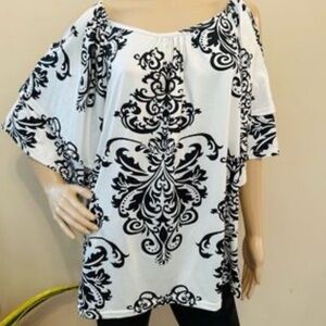Black & White Baroque Ruffle Sleeve Cold-Shoulder Top – Size M NWT